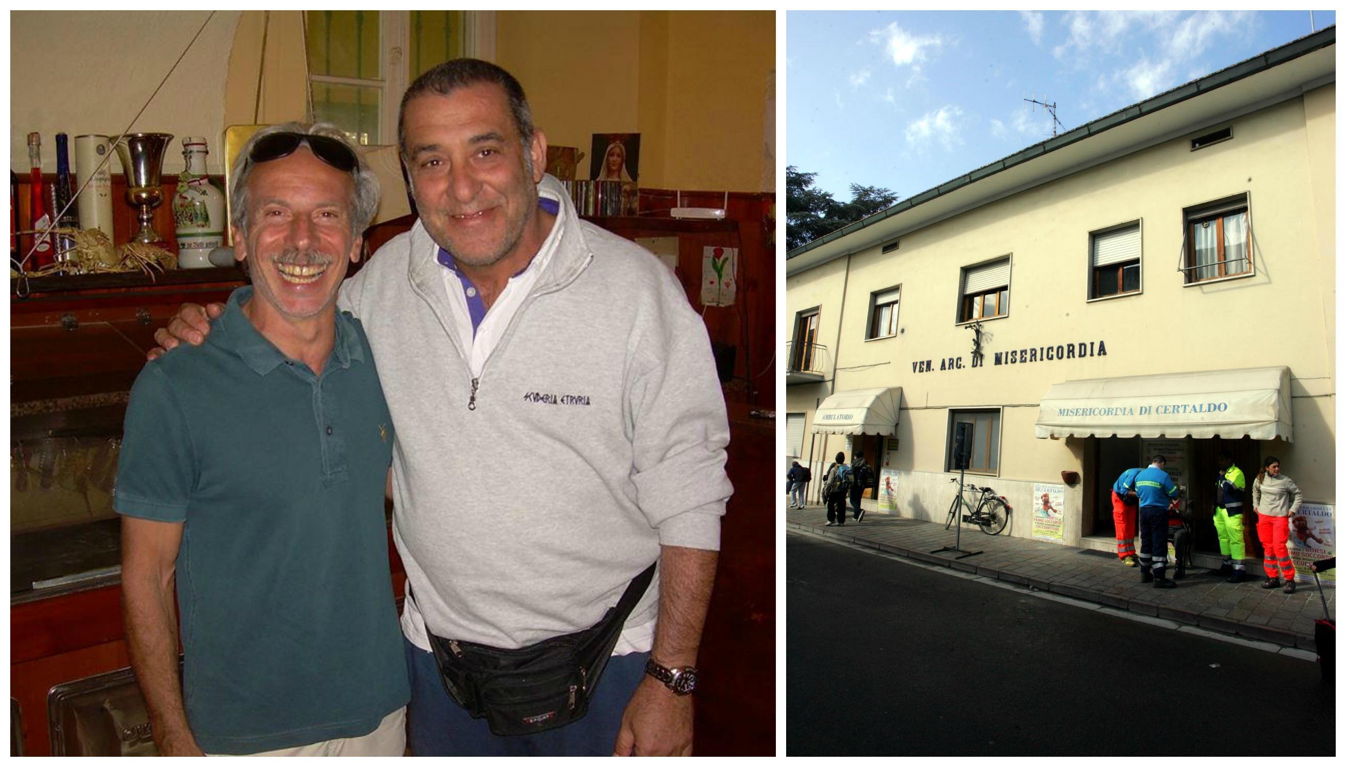 A destra Cesare Agostini e a sinistra l’attore Giovanni Storti (da Facebook), accanto la sede della Misericordia