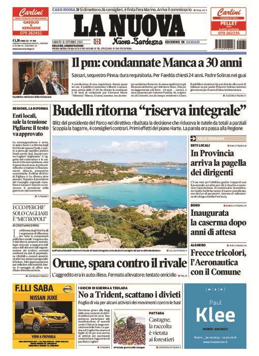 La Nuova Sardegna - Prima pagina - 31 ottobre 2015