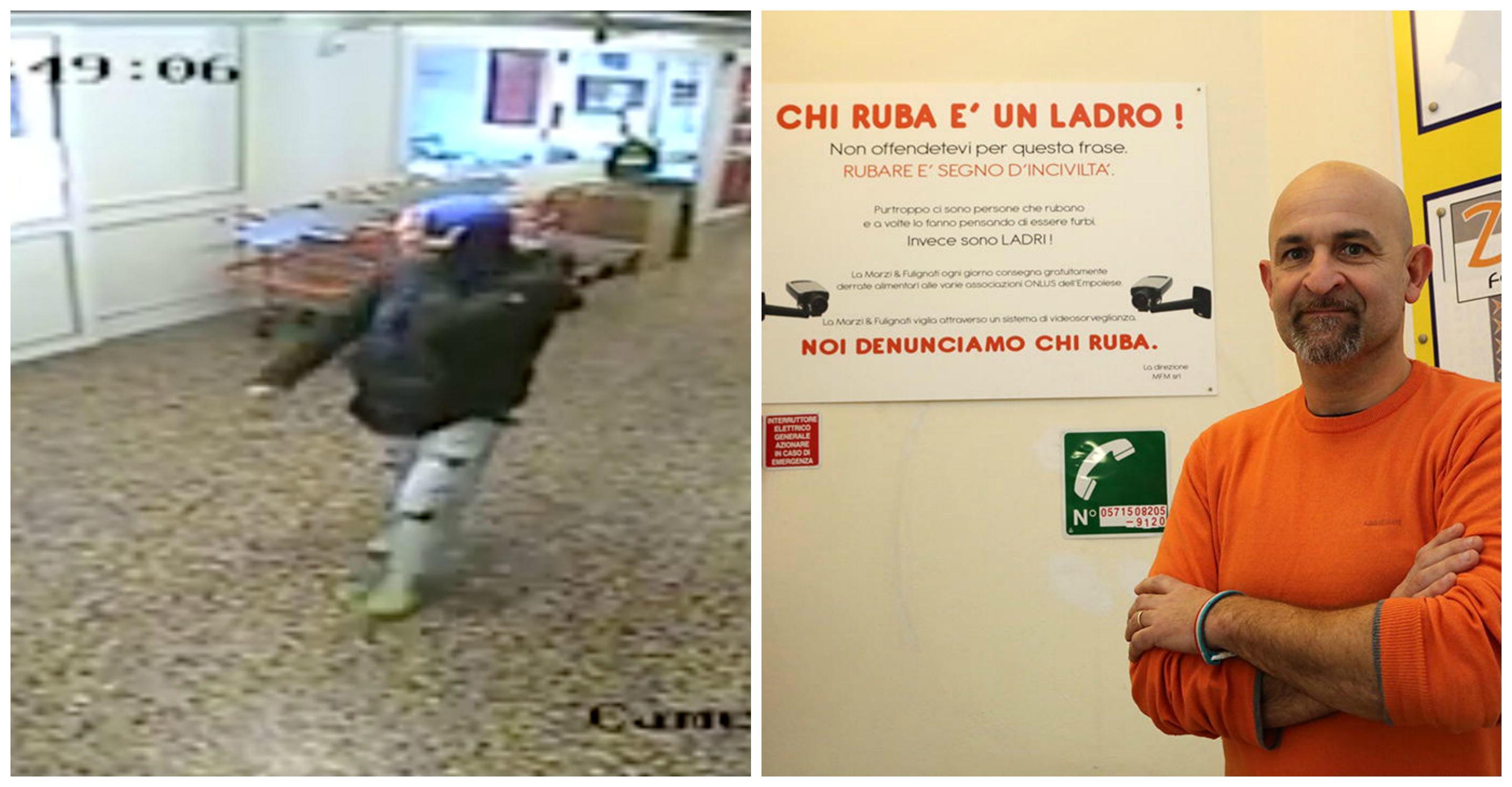 Il ladro in azione nel supermercato e il titolare Roberto Marzi
