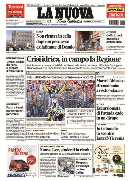 La Nuova Sardegna - Prima pagina - 9 novembre 2015