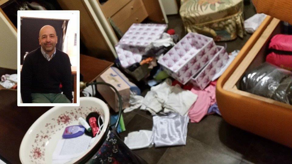 Il consigliere comunale Stefano Landucci e una stanza messa a soqquadro dai ladri