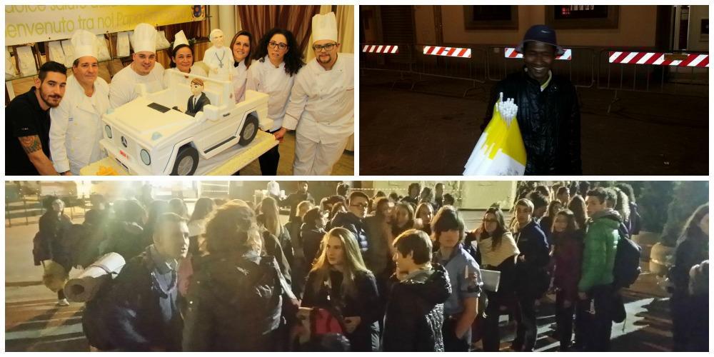 La notte bianca per Papa Francesco, veglia, una grande torta, e gadegt venduti per strada