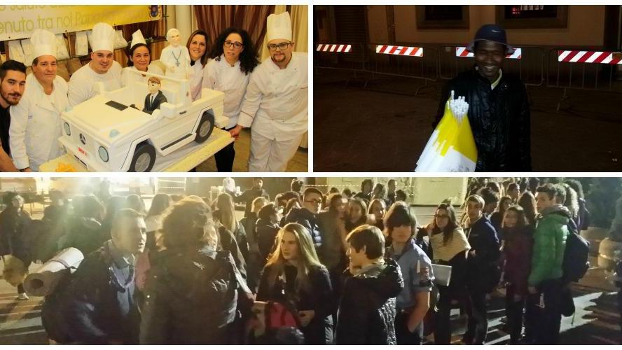 La notte bianca per Papa Francesco, veglia, una grande torta, e gadegt venduti per strada