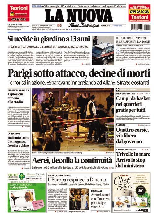 La Nuova Sardegna - Prima pagina - 14 novembre 2015