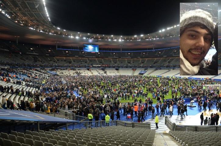 Lo stadio di Parigi dopo l'attacco terroristico. Nel riquadro Antonio Giagu