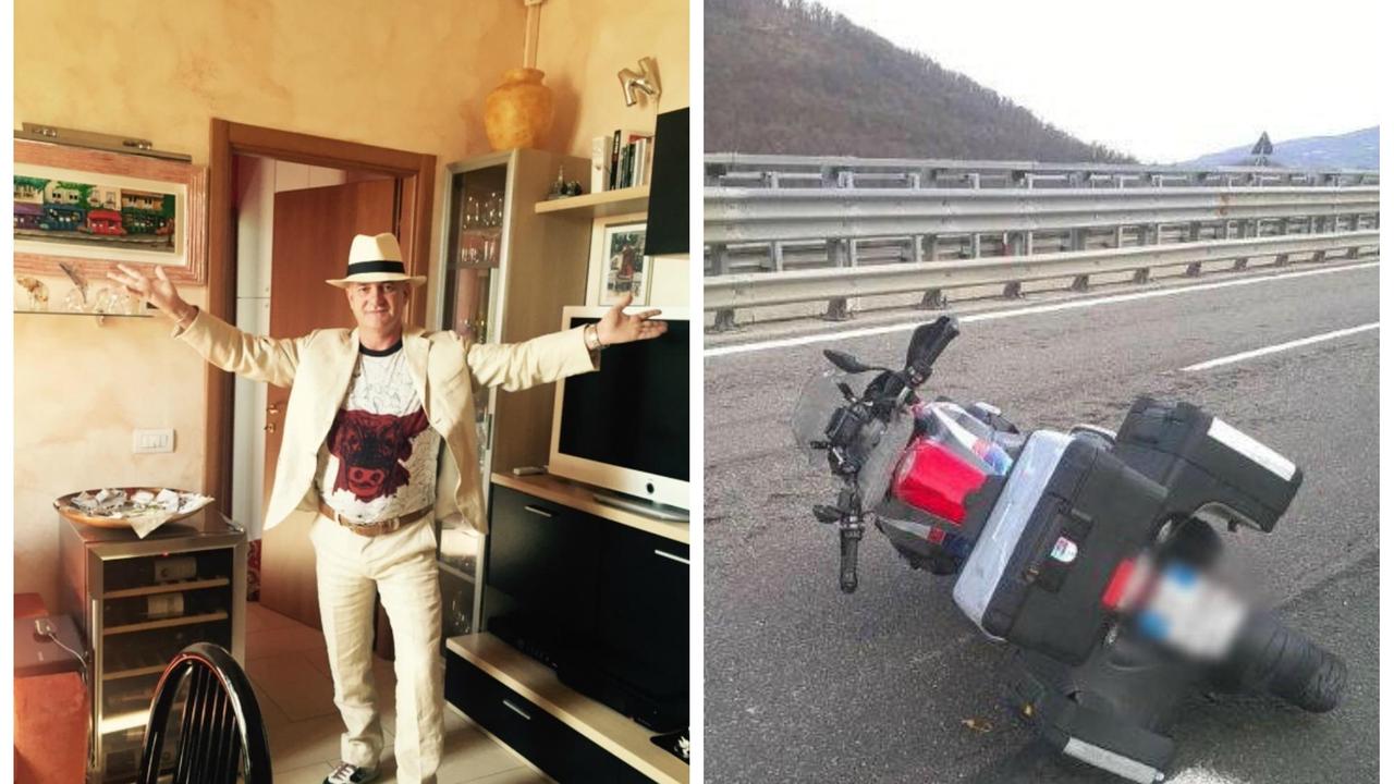 La vittima dell'incidente e la sua moto sull'autostrada A15