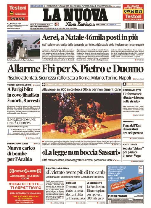 La Nuova Sardegna - Prima pagina - 19 novembre 2015