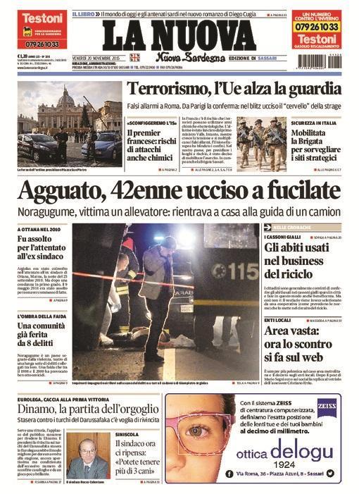 La Nuova Sardegna - Prima pagina - 20 novembre 2015