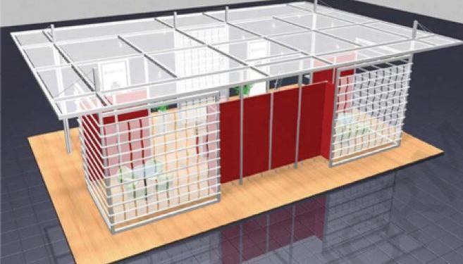 Punto di accoglienza hi-tech con uffici in scatole di vetro 