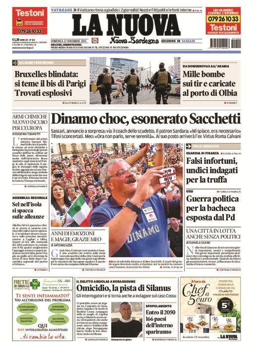 La Nuova Sardegna - Prima pagina - 22 novembre 2015