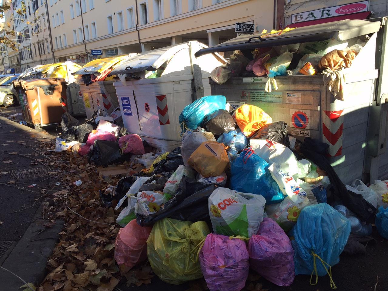 Cassonetti strapieni e sacchetti in terra (Repetti/Pentafoto)