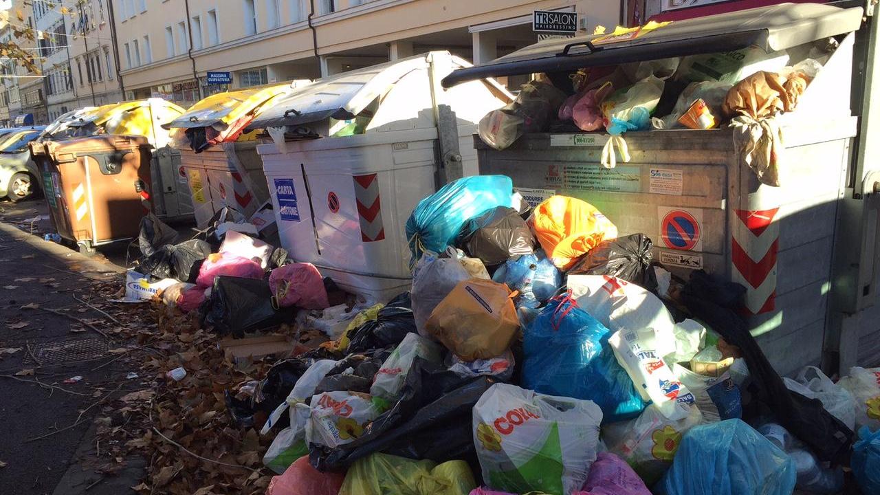 Cassonetti strapieni e sacchetti in terra (Repetti/Pentafoto)