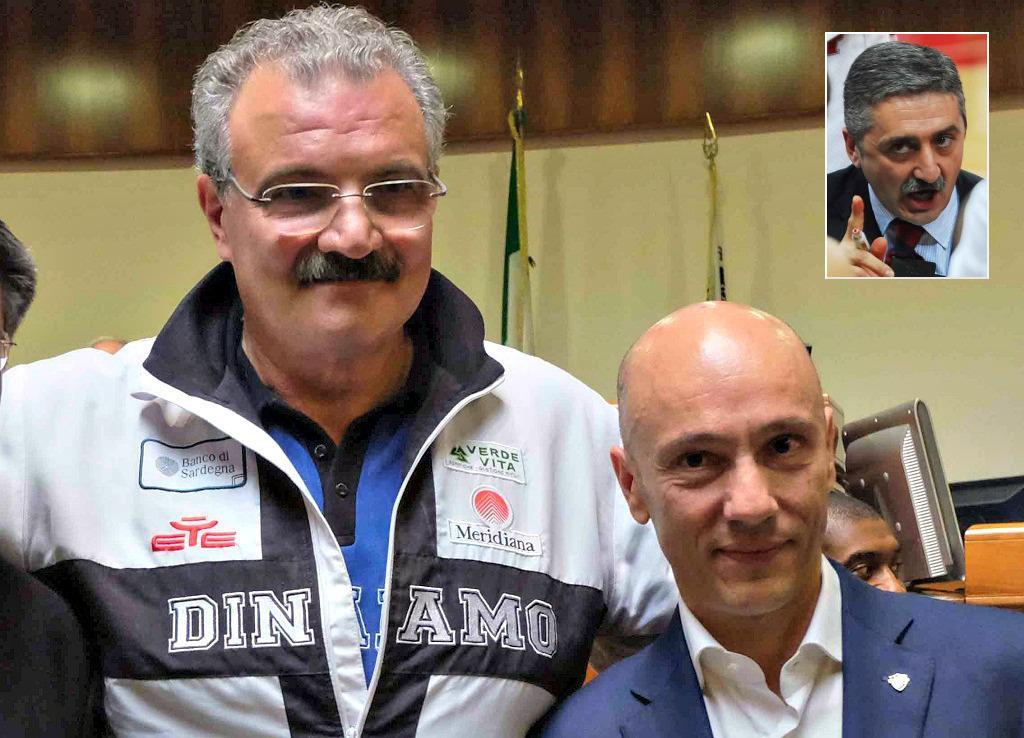 Meo Sacchetti e Stefano Sardara (nel riquadro il nuovo coach Marco Calvani)