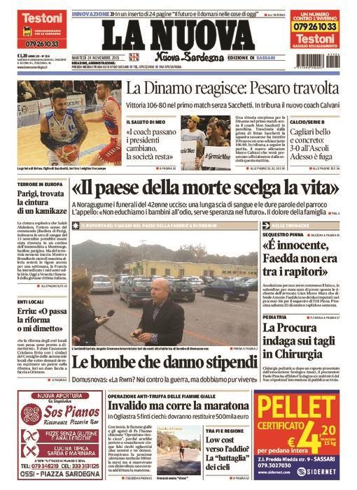 La Nuova Sardegna - Prima pagina - 24 novembre 2015 