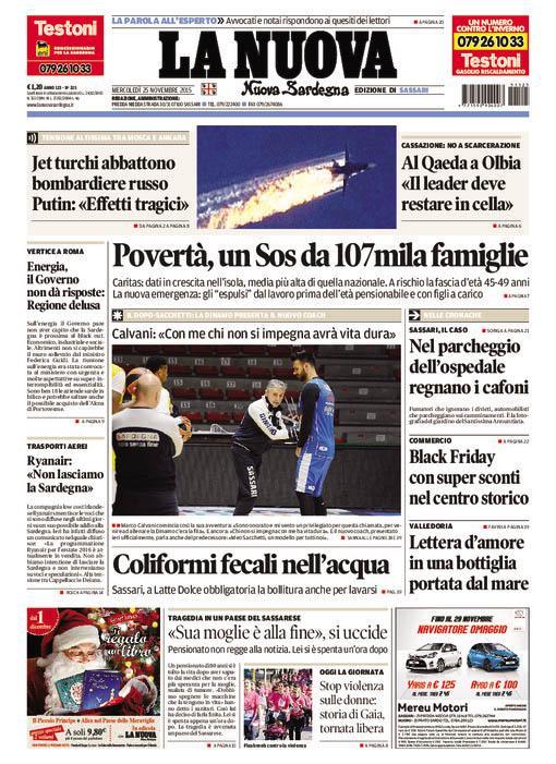 La Nuova Sardegna - Prima pagina - 25 novembre 2015
