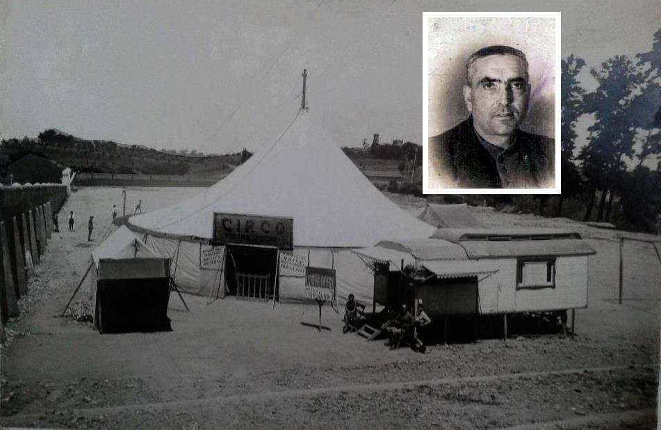 Il circo Tafani con le sue tende nella campagna maremmana. Nel riquadro Alfredo detto Manicomio