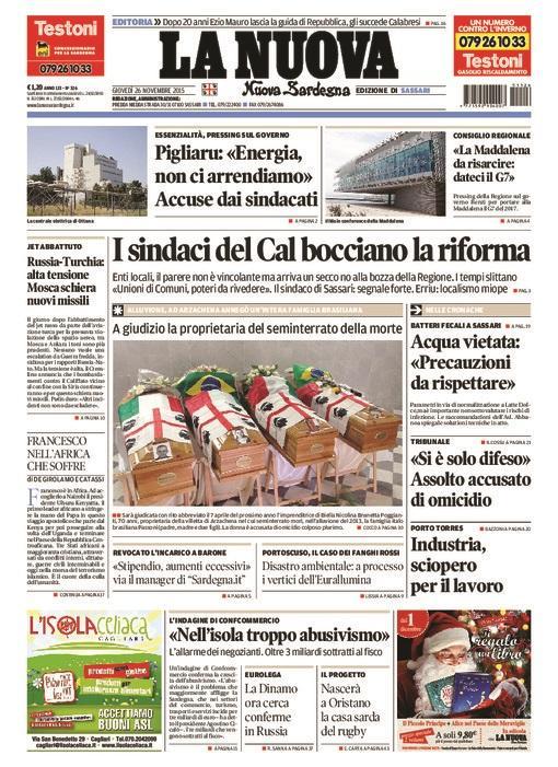 La Nuova Sardegna - Prima pagina - 26 novembre 2015