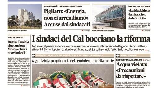 La Nuova Sardegna - Prima pagina - 26 novembre 2015