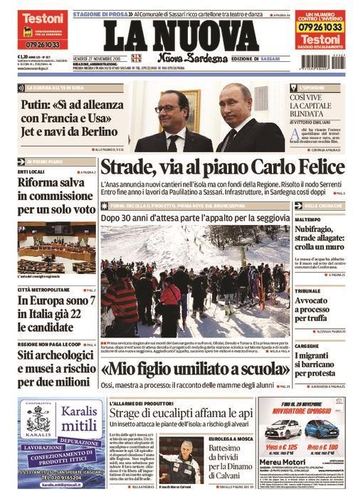 La Nuova Sardegna - Prima pagina - 27 novembre 2015