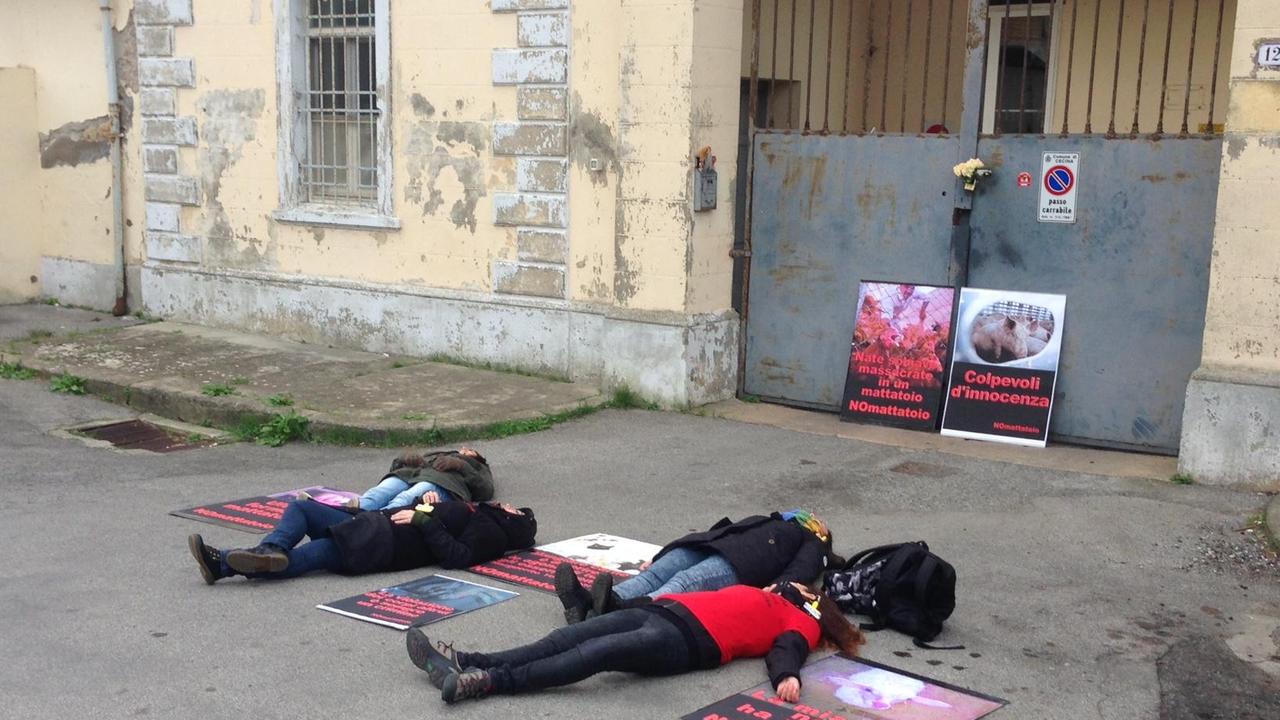 Il sit-in davanti al cancello d'ingresso del mattatoio comunale