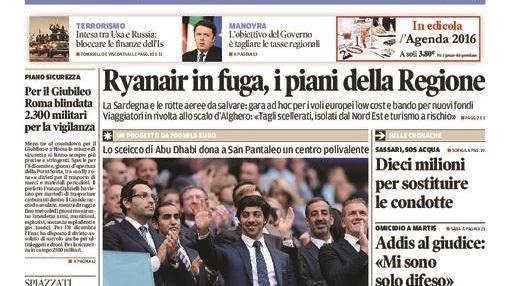 La Nuova Sardegna - Prima pagina - 6 dicembre 2015