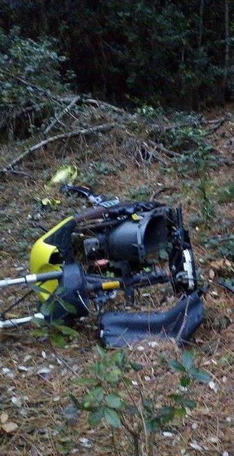 Carcasse di scooter e sporcizia in pineta 