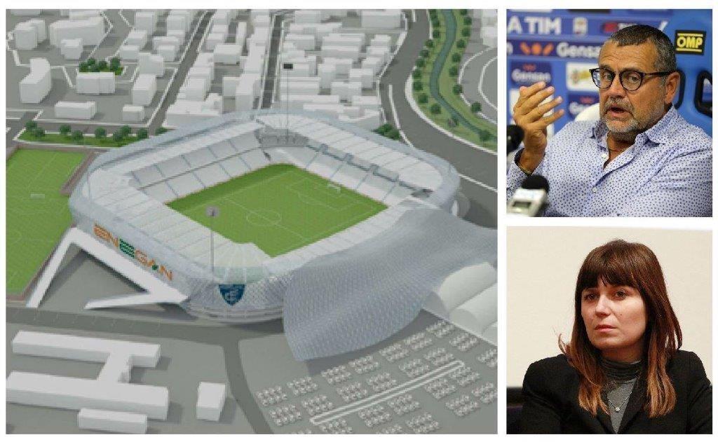Il rendering dell'Enegan Stadium, l'ad dell'Empoli Francesco Ghelfi e il sindaco Brenda Barnini
