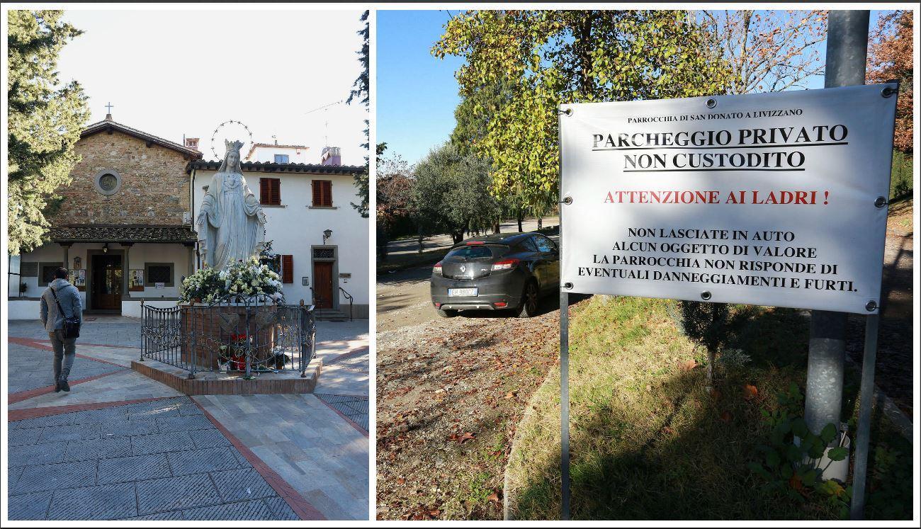 La chiesa di San Donato a Livizzano e il cartello affisso all'ingresso del parcheggio (Foto Agenzia Carlo Sestini)