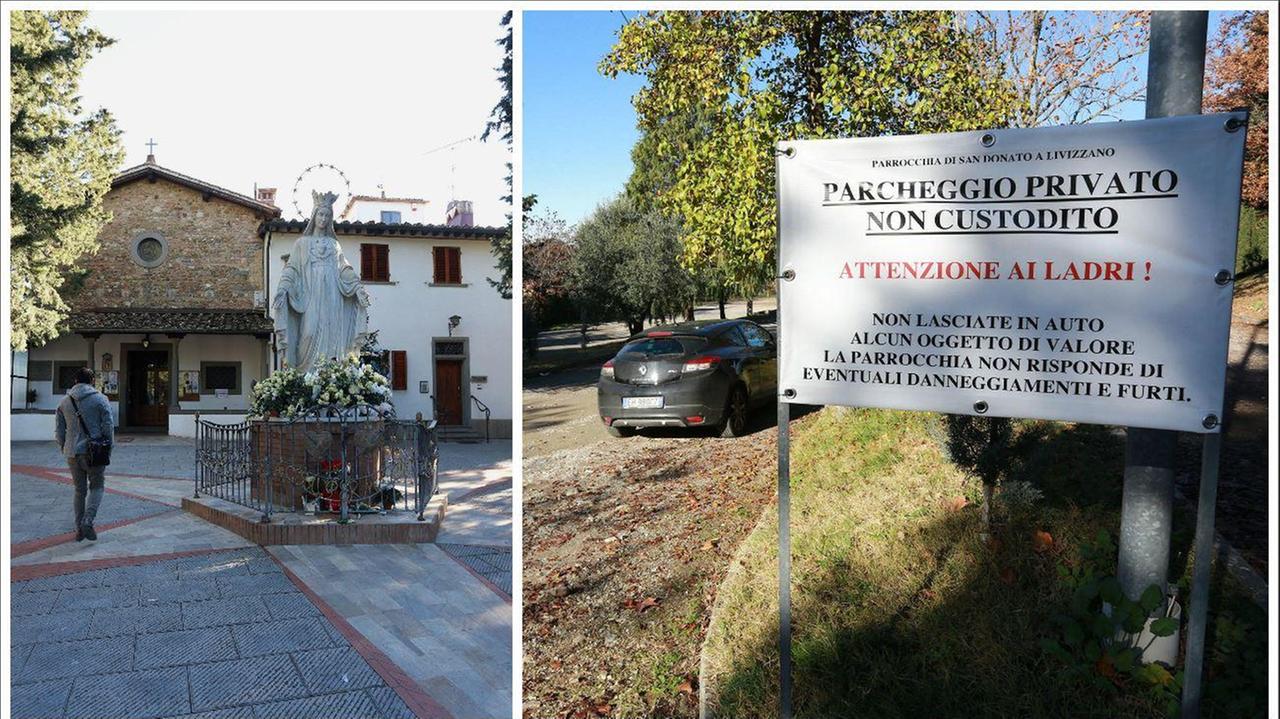 La chiesa di San Donato a Livizzano e il cartello affisso all'ingresso del parcheggio (Foto Agenzia Carlo Sestini)