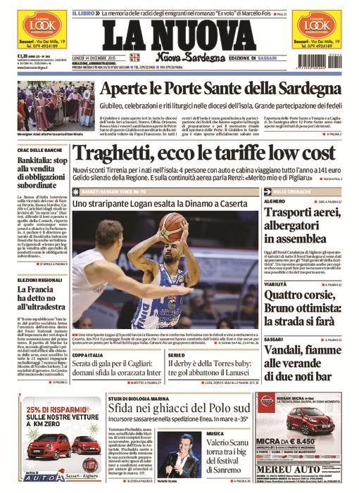 La Nuova Sardegna - Prima pagina - 14 dicembre 2015