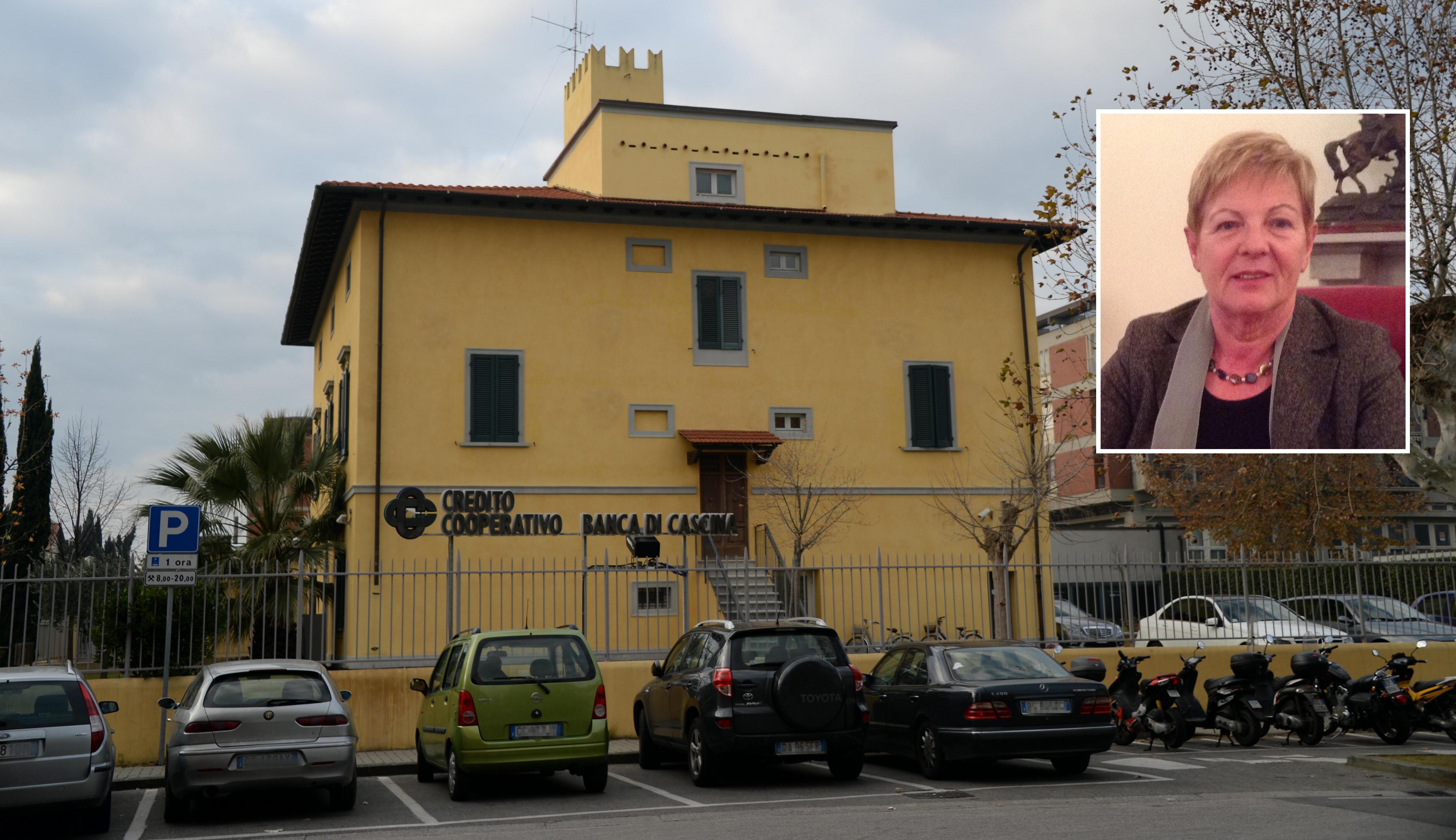 La sede della Banca di Cascina e, nel riquadro, il commissario straordinario Anna Cracco