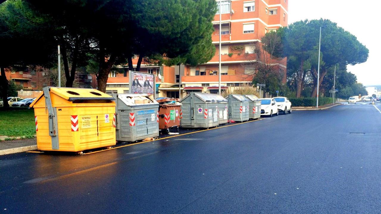 I cassonetti di via Costanza, vicino ai quali si è ferita la signora (Marzi Pentafoto)