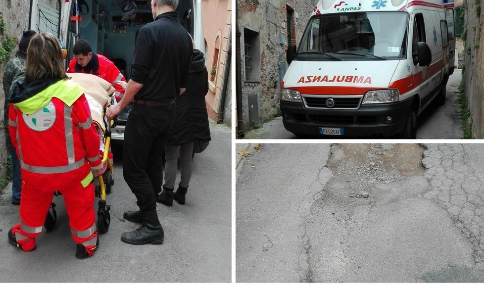 Caduta rovinosa per le buche soccorsi difficili per l’ambulanza