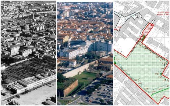 A sinistra l'area prima degli anni Settanta, al centro il Misericordia e Dolce, a destra la simulazione senza le struttura da abbattere