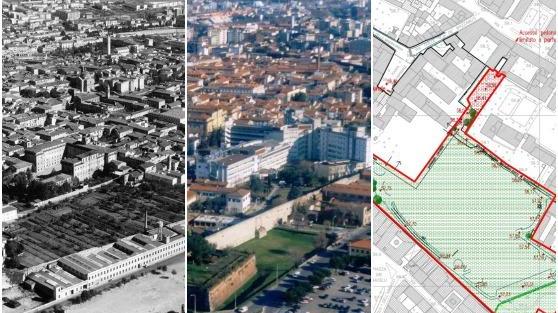 A sinistra l'area prima degli anni Settanta, al centro il Misericordia e Dolce, a destra la simulazione senza le struttura da abbattere