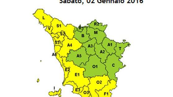 In giallo le zone dove sono probabili forti temporali