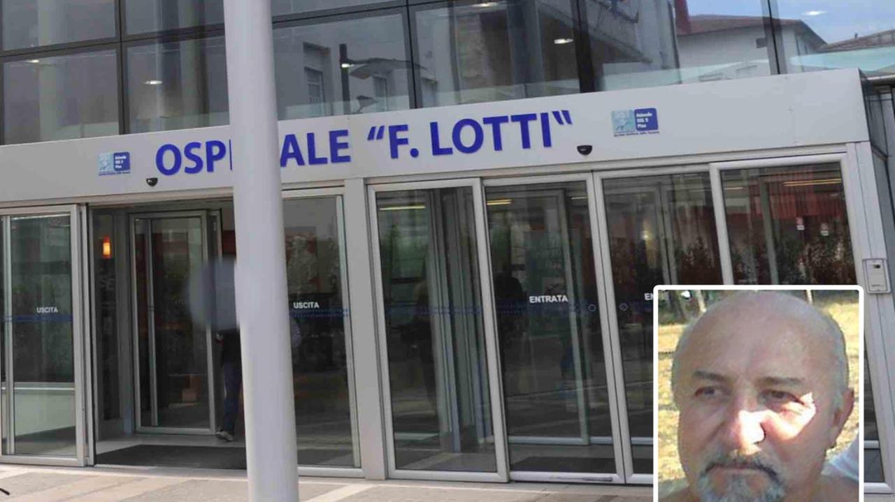 L'ingresso dell'ospedale Lotti e, nel riquadro, Arcangelo Latte