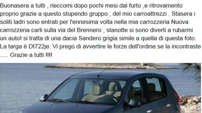 Le rubano l’auto, chiede aiuto su Facebook