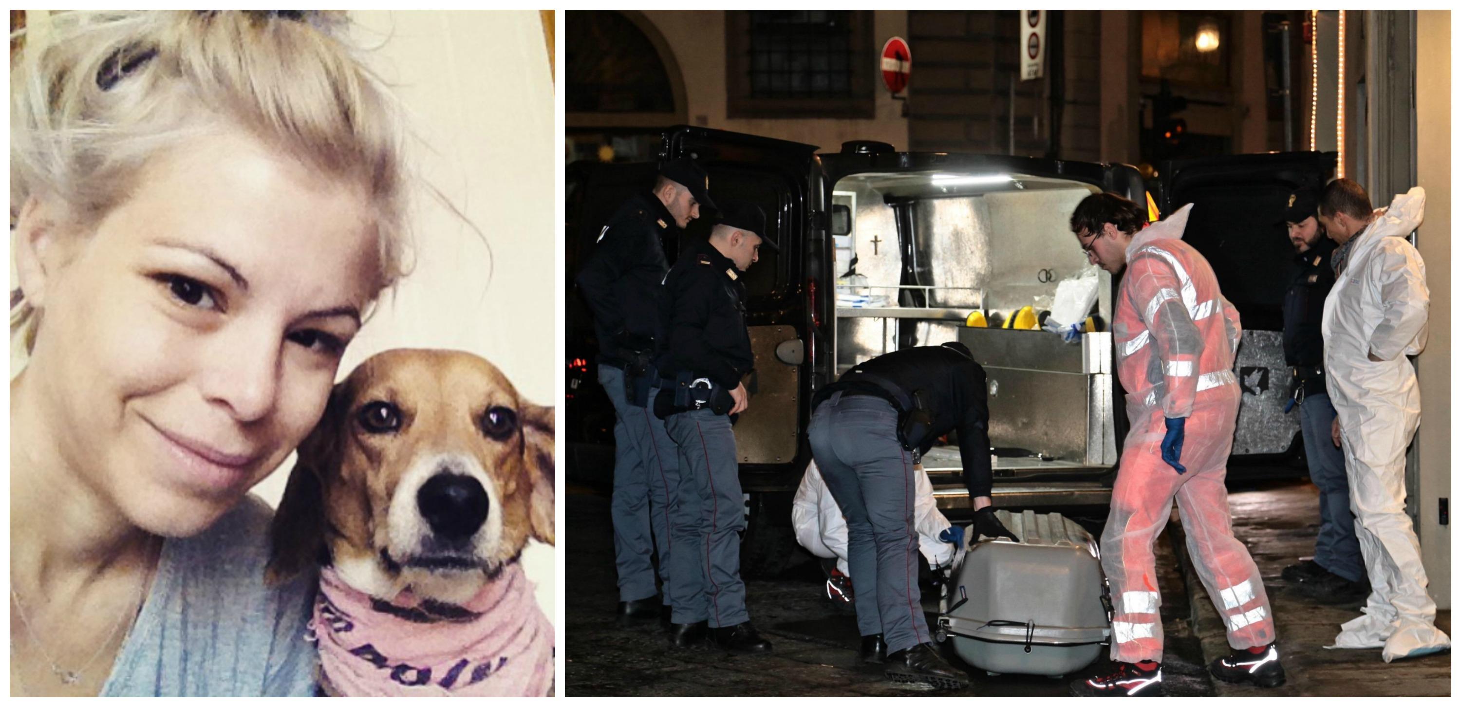 La vittima, Ashley Olsen, con il suo cane. A destra, la salma viene portata via dall'abitazione fiorentina
