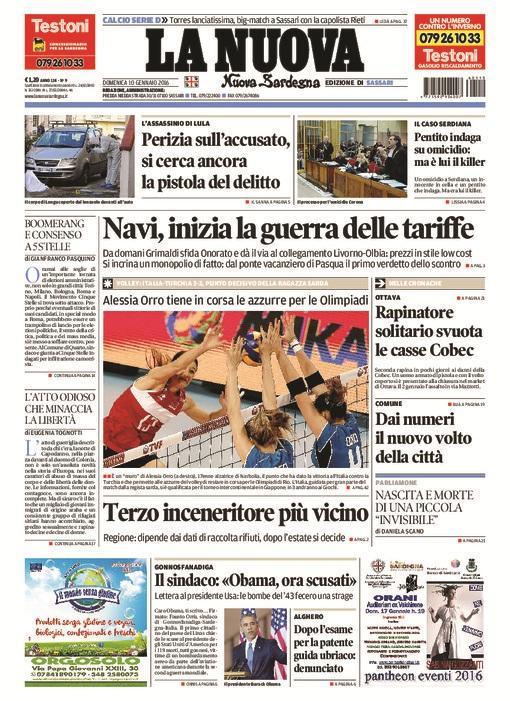 La Nuova Sardegna - Prima pagina - 10 gennaio 2016