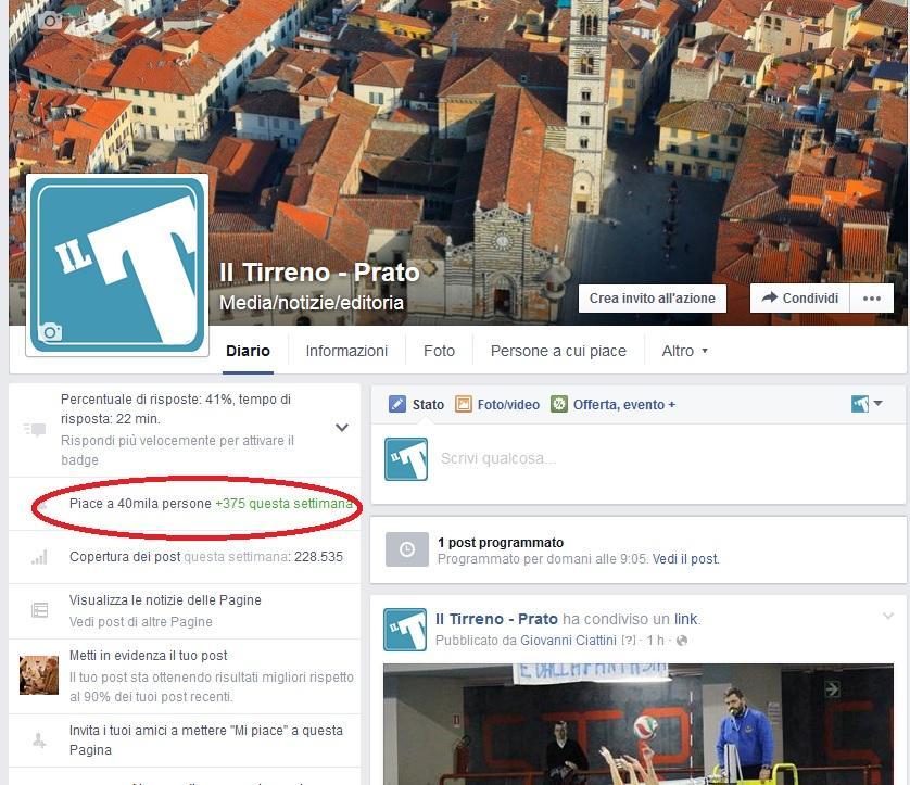 La pagina Facebook del Tirreno Prato: cerchiato di rosso il traguardo dei 40mila mi piace