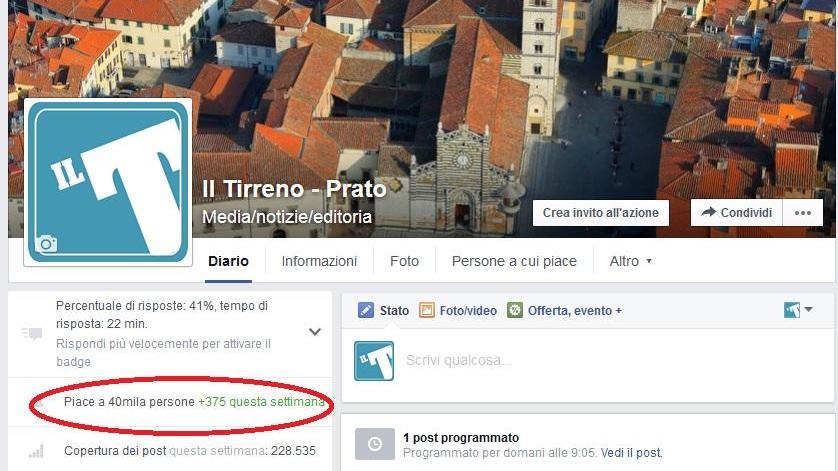 La pagina Facebook del Tirreno Prato: cerchiato di rosso il traguardo dei 40mila mi piace