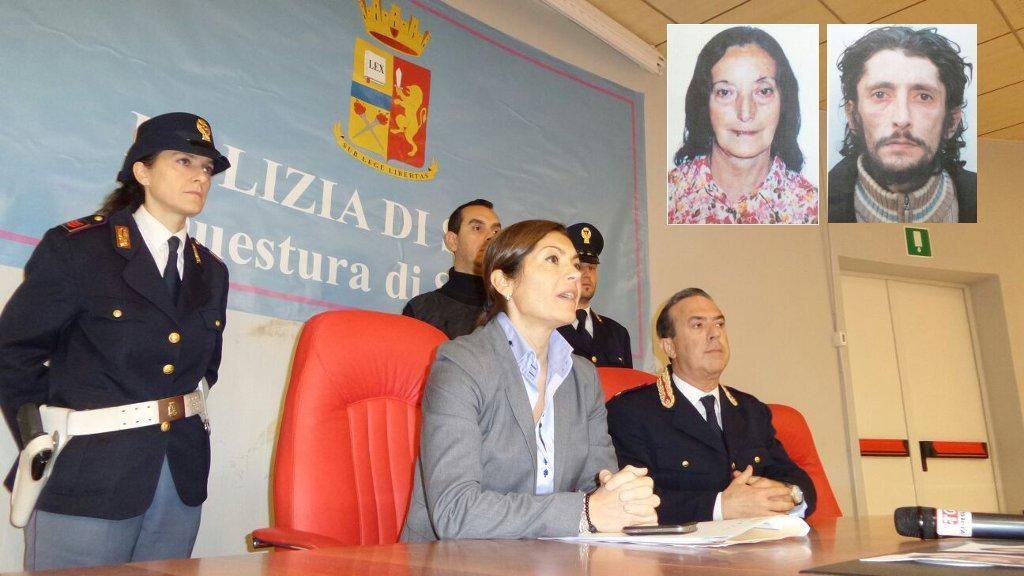 La conferenza stampa della polizia. Nei riquadri Bonaria Sanna e Salvatore Usai