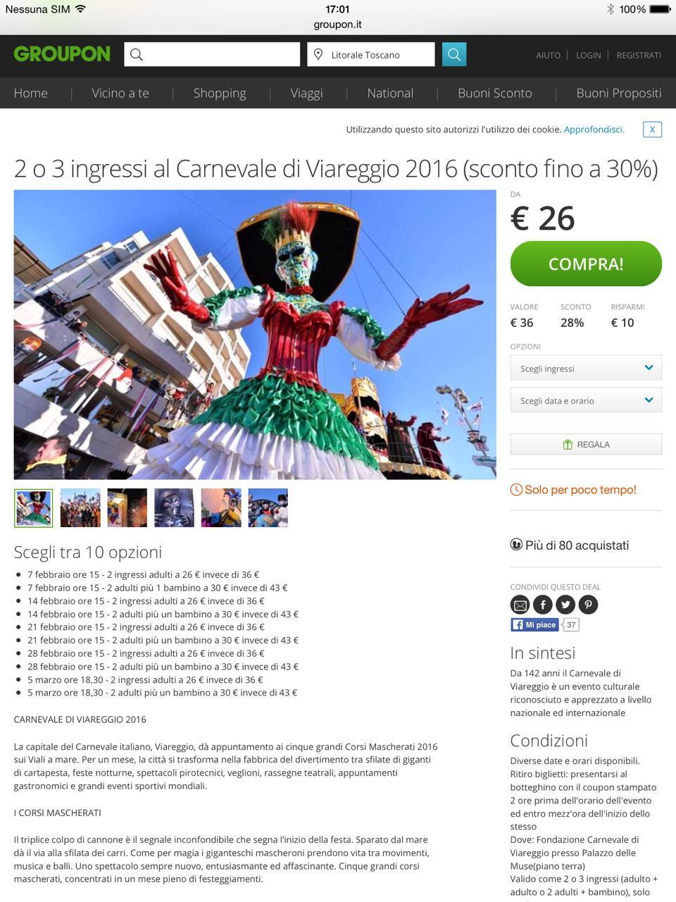 L'offerta dei biglietti del Carnevale di Viareggio su Groupon