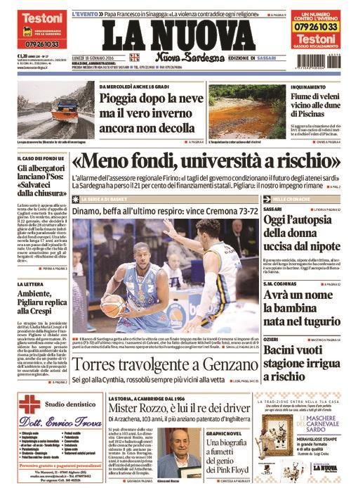 La Nuova Sardegna - Prima pagina - 18 gennaio 2016