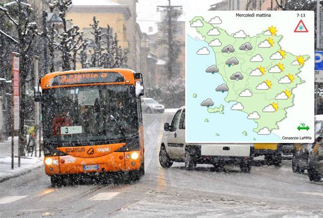 Pistoia imbiancata in una foto d'archivio e le previsioni del Lamma