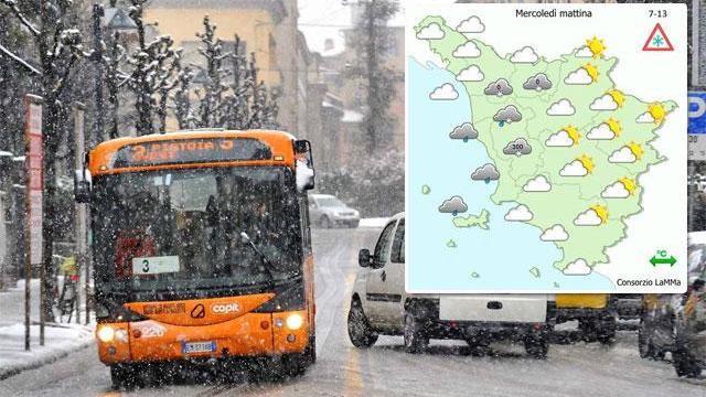 Pistoia imbiancata in una foto d'archivio e le previsioni del Lamma