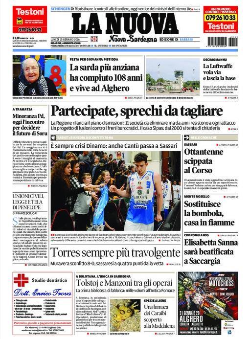 prima pagina del 25 gennaio 2016