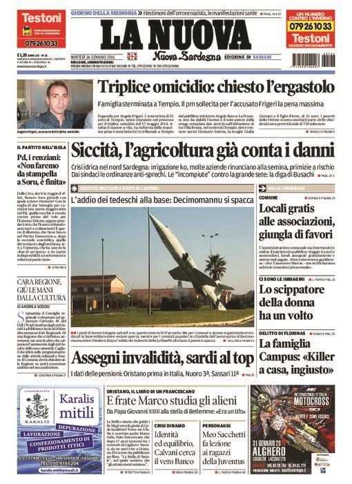 La Nuova Sardegna - Prima pagina - 26 gennaio 2016 