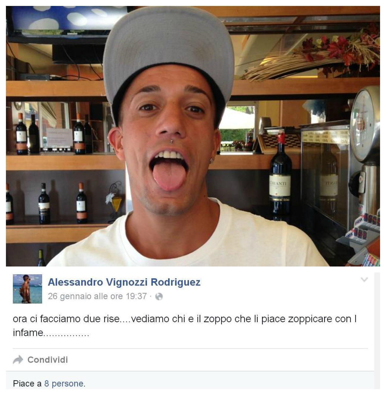 Alessandro Vignozzi (in una sua foto da Facebook) e il post pubblicato dal giovane poche ore prima del delitto